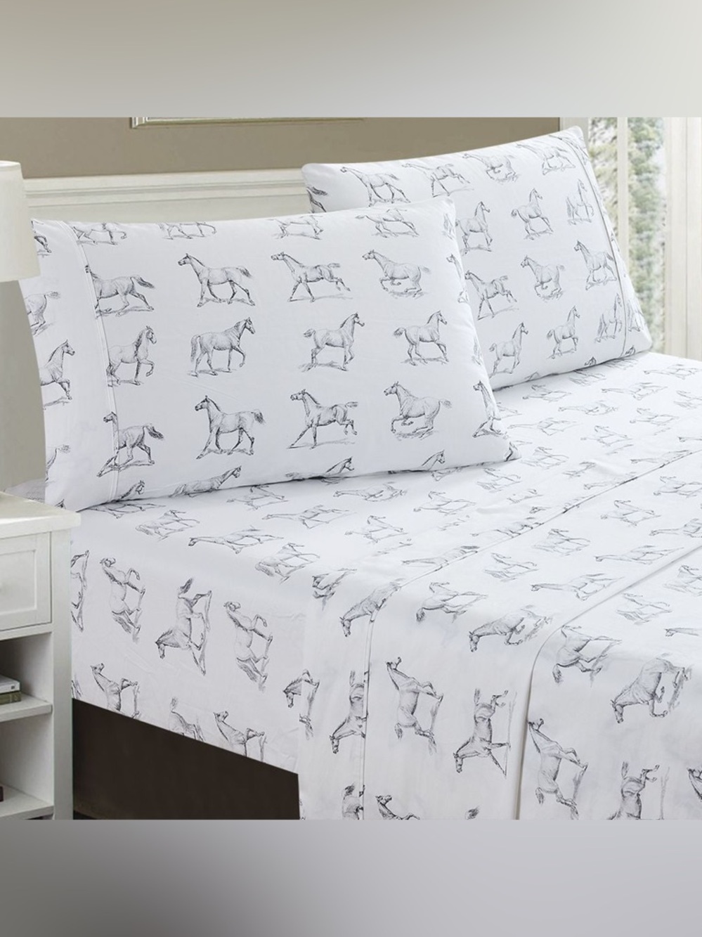 Horses Printed Sheet Set twin 400 thread count 3 piece set melange home NEW